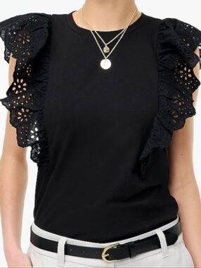 J. Crew Black Eyelet Flutter Sleeve Tee #3504